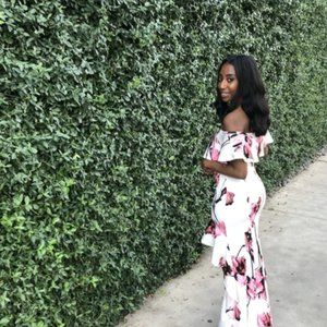 Off-Shoulder White Floral High-Low Dress